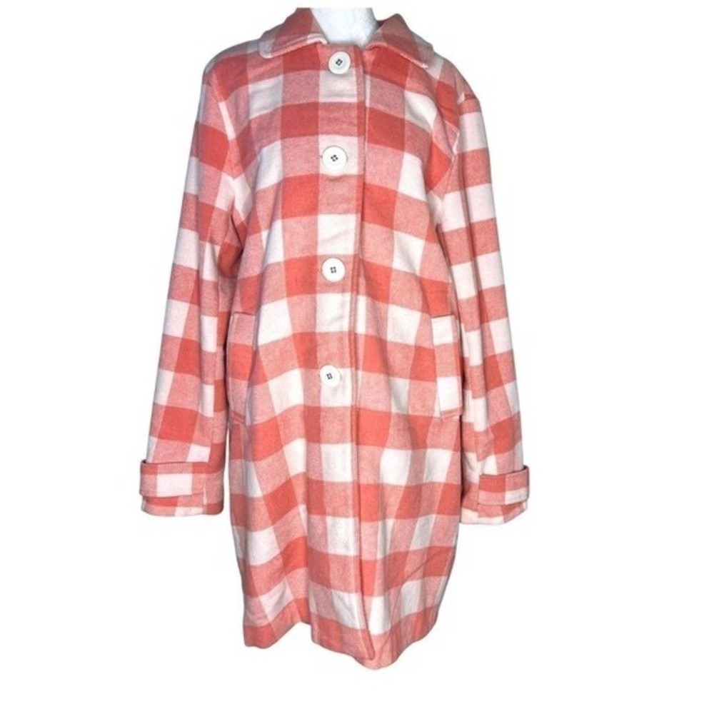 Pink and Cream Large Plaid Button Front 36" Length Coat with Pockets